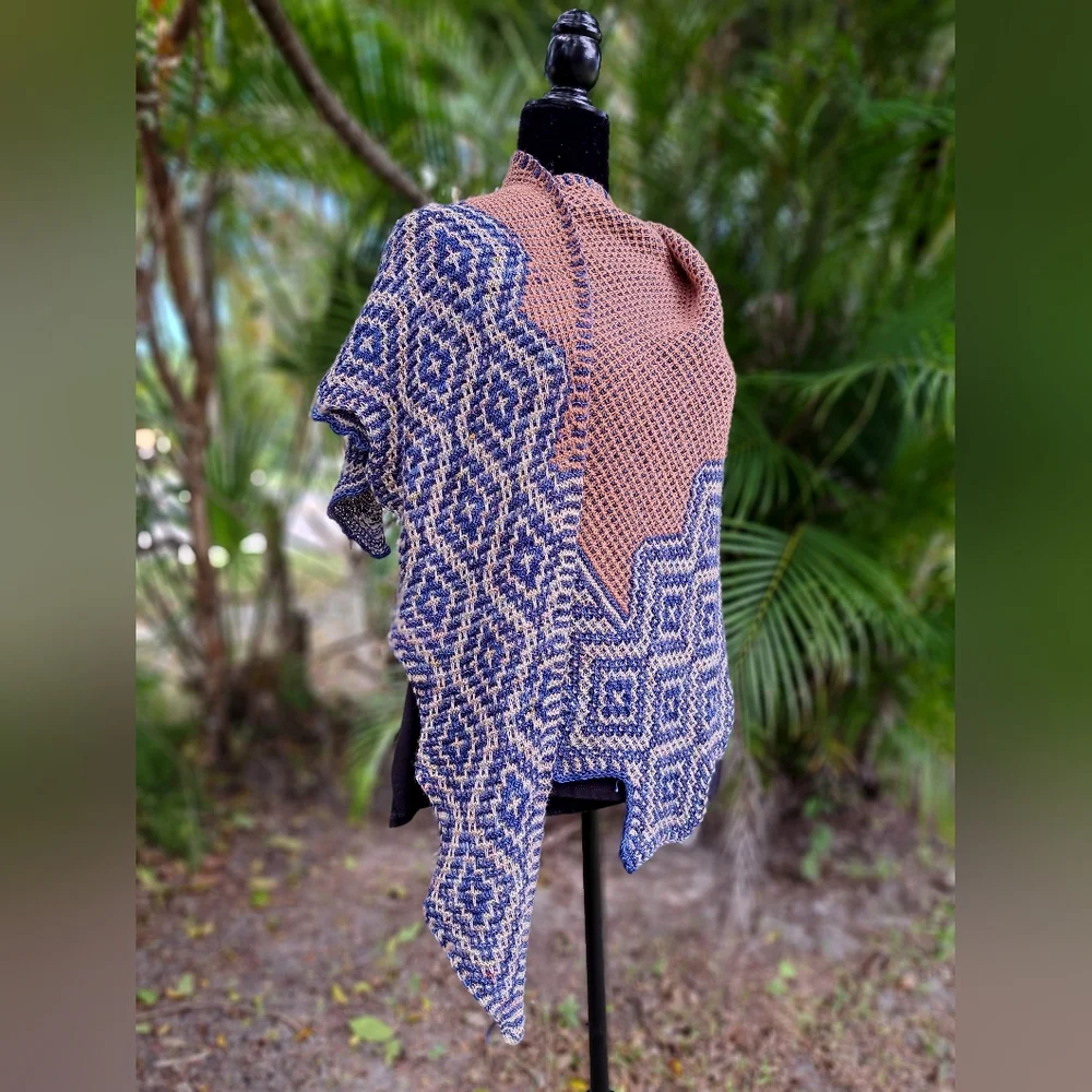 Hand Knit Shawl Blue Brown Beige Hand Dyed Yarn Mosaic Colorwork Soft Warm Cozy - Picture 3 of 16